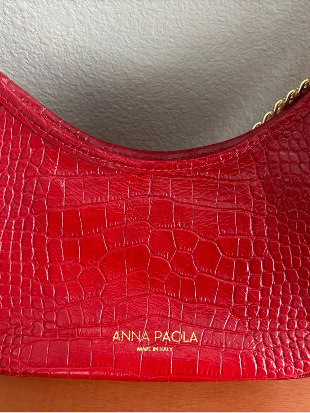 NWOT Red Croc-Embossed Italian Leather Shoulder Bag with Gold Chain
